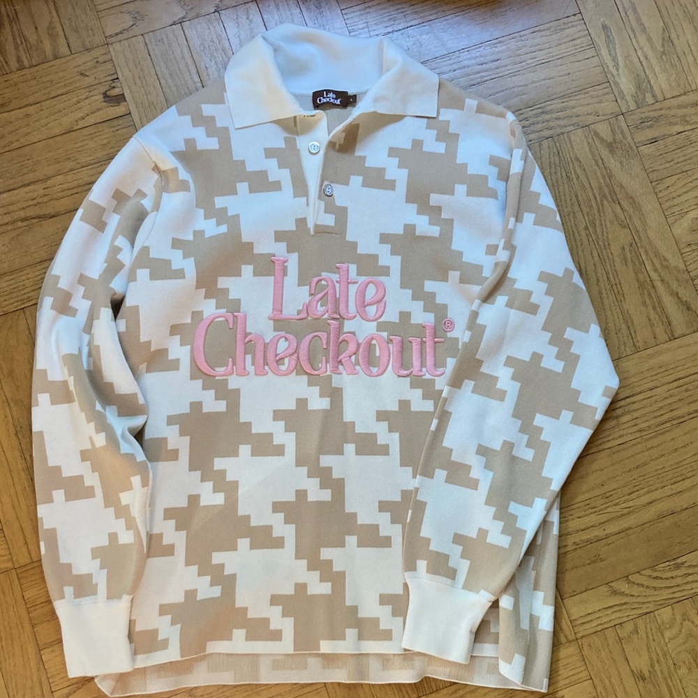 Collina Strada Beige and White Houndstooth Polo with Pink Lettering